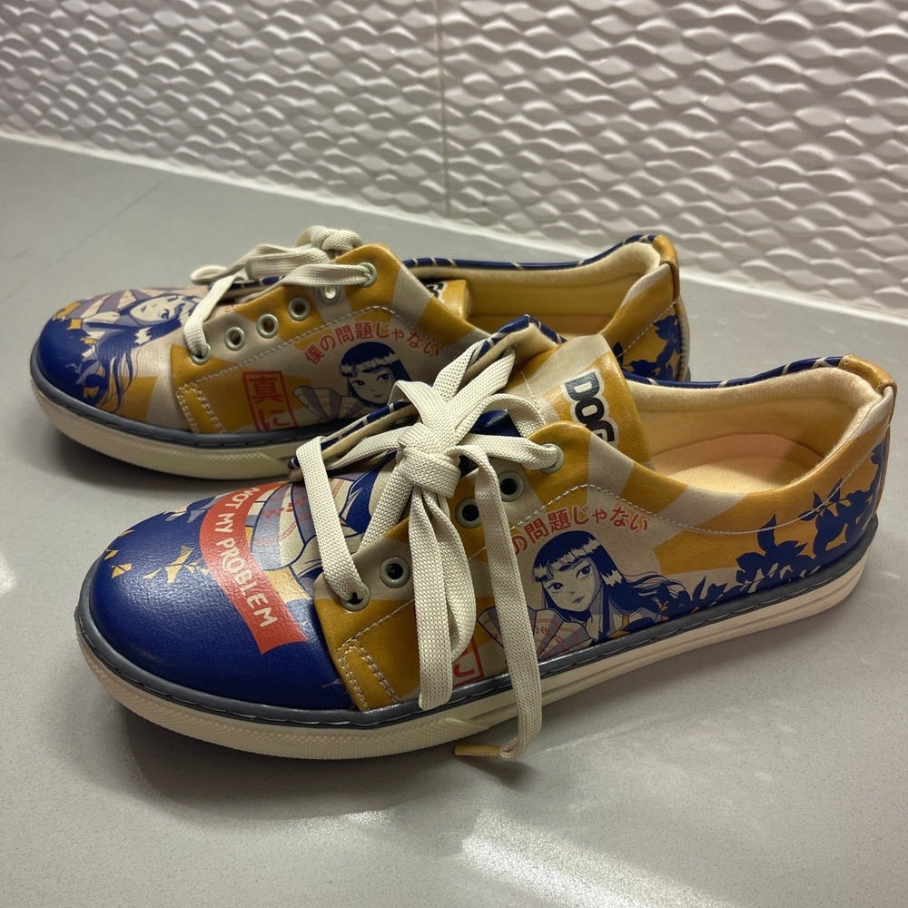 DOGO Not My Problem Anime Graphic Sneakers Blue Yellow Vegan Leather 6.5 - 7 NWT